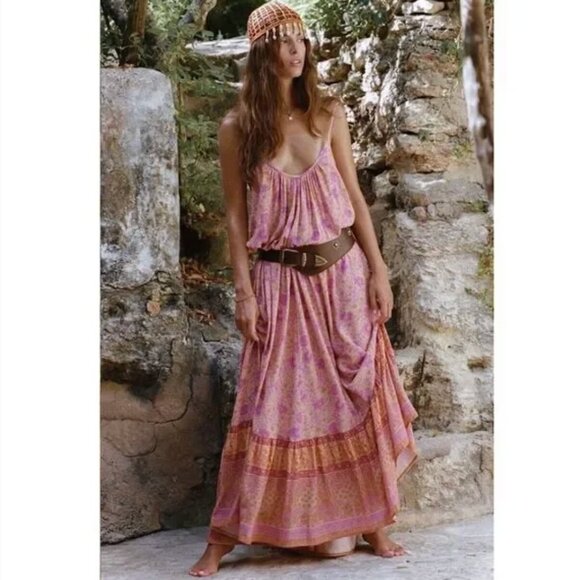 Spell | Village Strappy Maxi Dress in Sunrise Pink & Orange | Size Medium - Picture 6 of 15